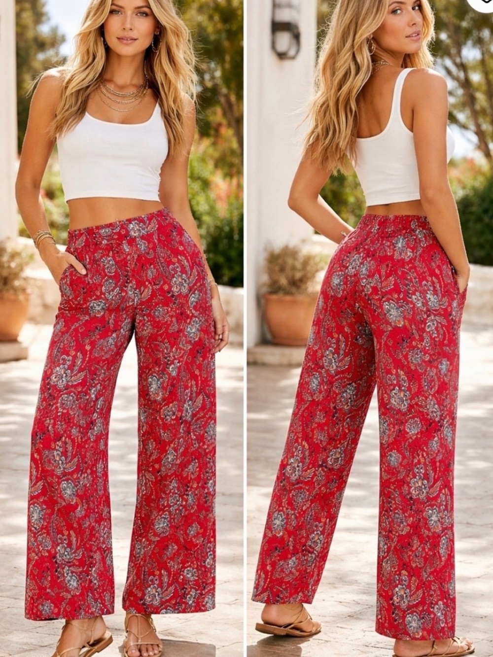 ❤️ NWT Wendy Williams Red Paisley Wide-Leg Pants